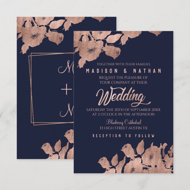 Elegant Rose Gold and Navy Floral Wedding Invitati Invitation (Front/Back)