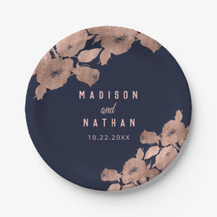 Elegant Rose Gold and Navy Floral Wedding Napkins Paper Plate