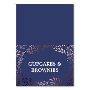 Elegant Rose Gold and Navy Food Tent Cards