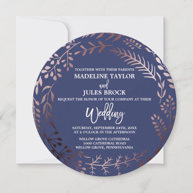 Elegant Rose Gold and Navy Round Wedding Invitation (Front)