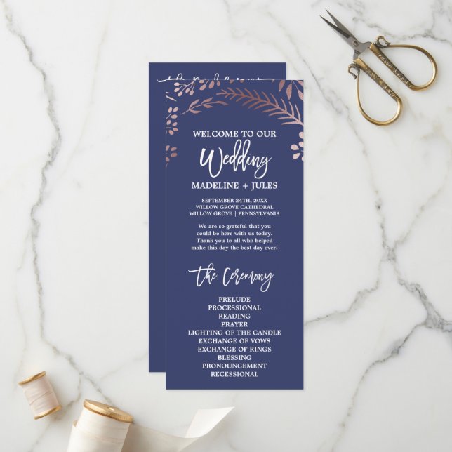 Elegant Rose Gold and Navy Wedding Program Programme (Front/Back In Situ)