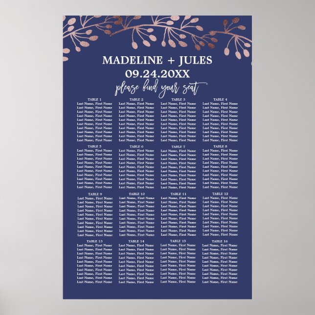Elegant Rose Gold and Navy Wedding Seating Chart (Front)
