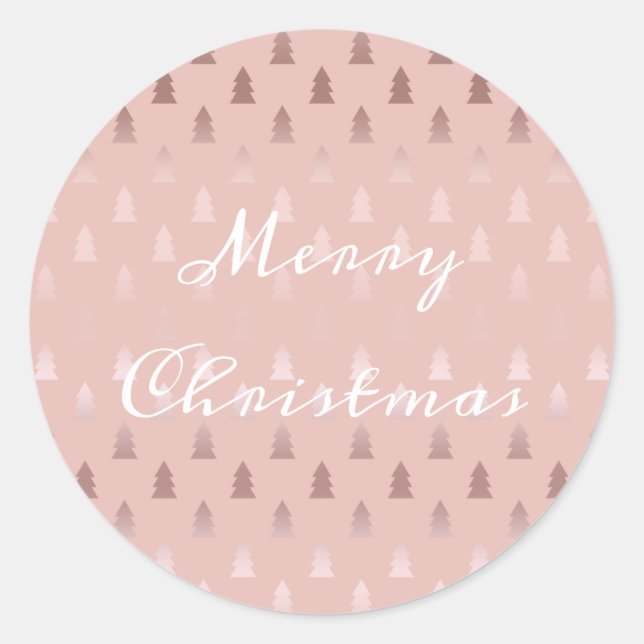 Elegant rose gold and pink Christmas tree pattern Classic Round Sticker (Front)