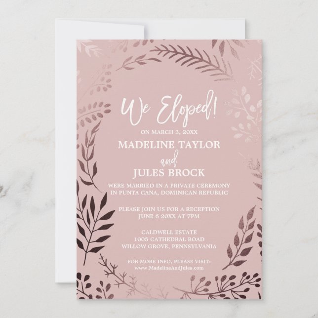 Elegant Rose Gold and Pink Elopement Reception Invitation (Front)