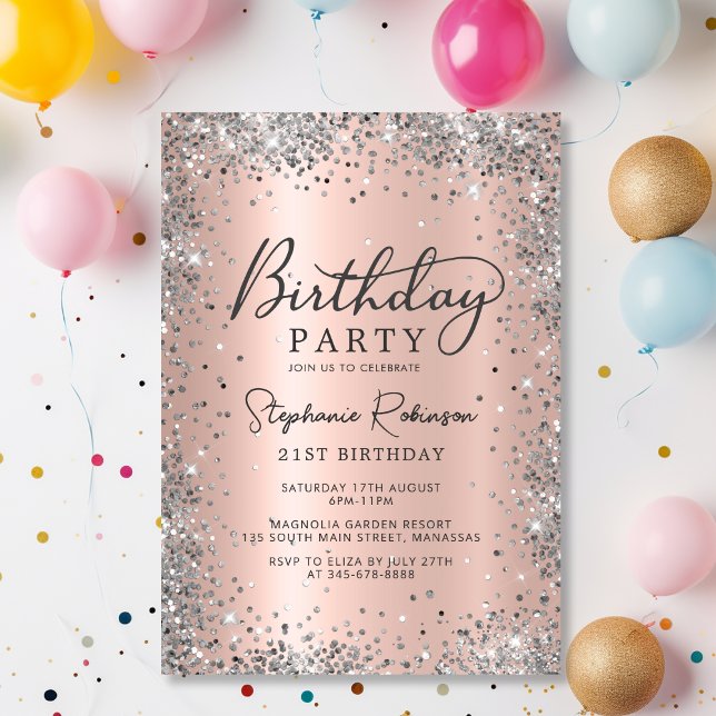 Elegant Rose Gold and Silver Glitter 21st Birthday Invitation (Creator Uploaded)