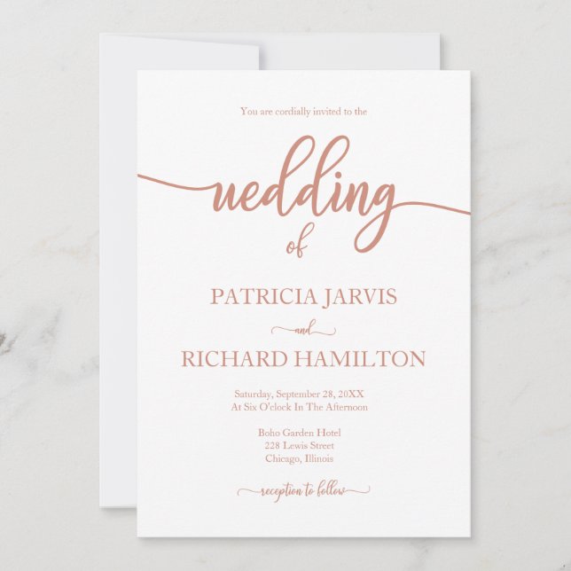 Elegant Rose Gold And White Calligraphy Wedding Invitation (Front)