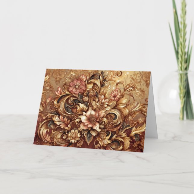 Elegant Rose Gold Baroque Floral Note Card (Front)