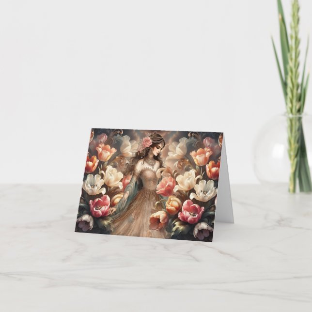 Elegant Rose Gold Baroque Floral Note Card (Front)