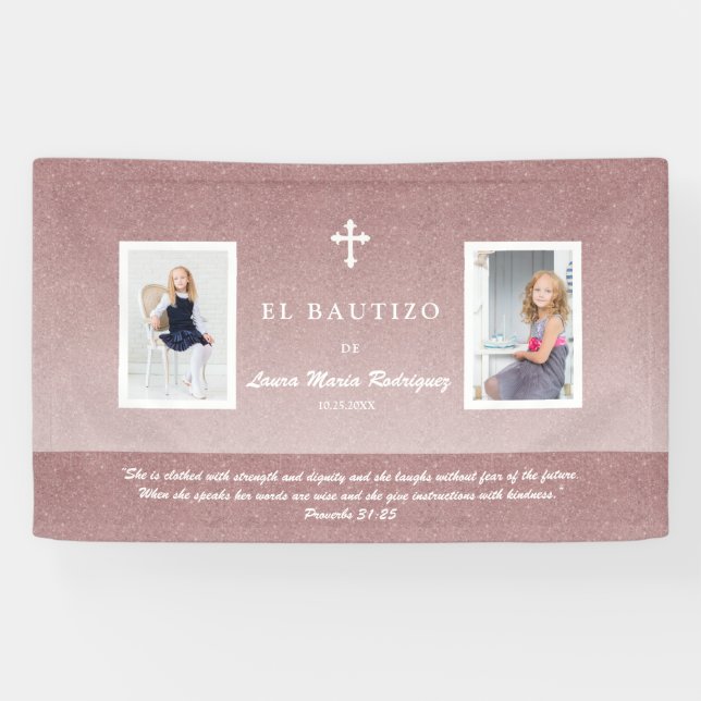 Elegant Rose Gold Bautizo Baptism Girl Photo Banner (Horizontal)
