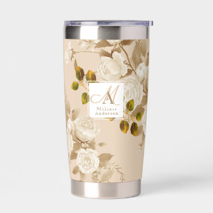 Elegant Rose Gold Beige Monogram Insulated Tumbler