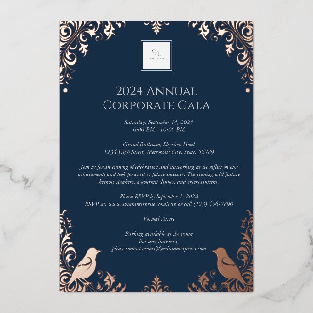 Elegant Rose Gold Bird & Floral Corporate Event (Front)