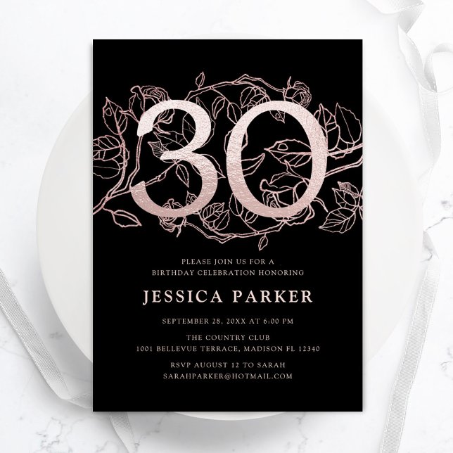 Elegant Rose Gold Black 30th Birthday Invitation (Creator Uploaded)