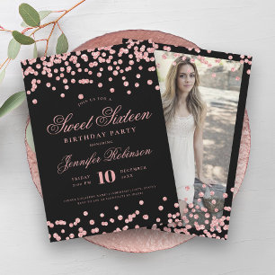 Elegant Rose Gold Black Confetti Photo Sweet 16   Invitation