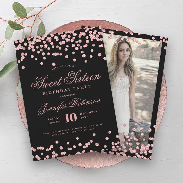 Elegant Rose Gold Black Confetti Photo Sweet 16   Invitation (Elegant Rose Gold Black Confetti Photo Sweet 16 Invitation)