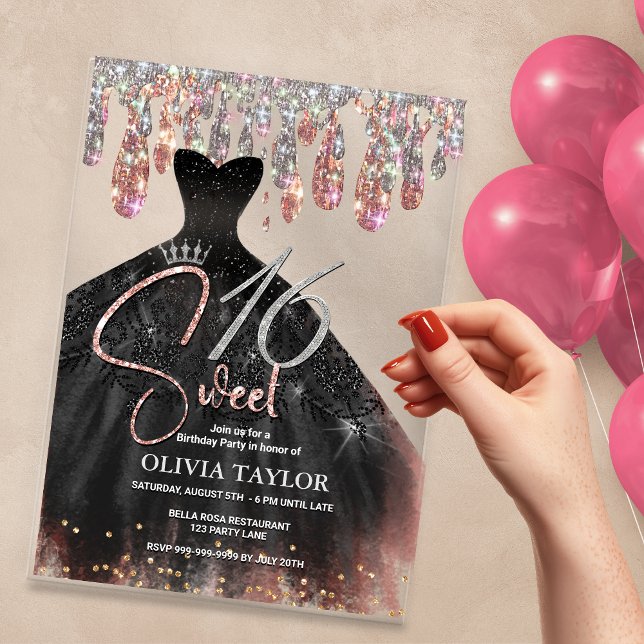 Elegant rose gold black dress sweet 16 monogram  acrylic invitations (Creator Uploaded)