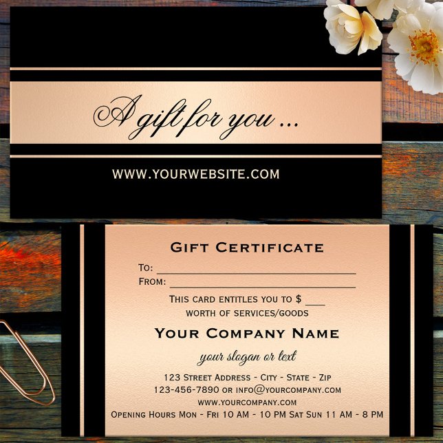 Elegant Rose Gold Black Gift Certificate Template (Elegant business card sized gift card voucher in rose gold and black)