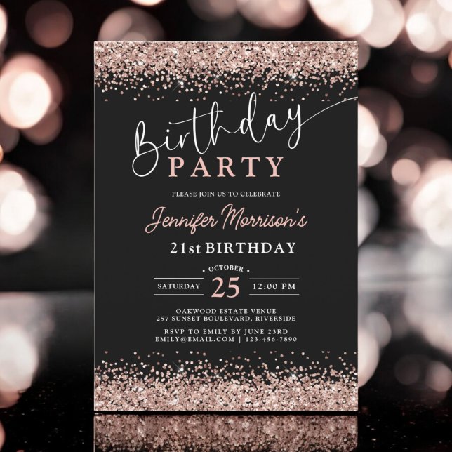 Elegant Rose Gold Black Glitter 21st Birthday Invitation (Creator Uploaded)