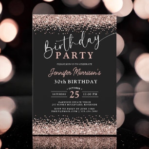 Elegant Rose Gold Black Glitter 30th Birthday Invitation