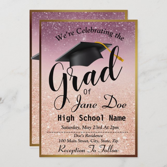 Elegant Rose Gold & Black Glitter Graduation Invitation (Front/Back)