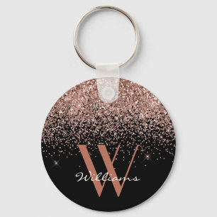 Elegant Rose Gold Black Glitter Monogram Name Key Ring