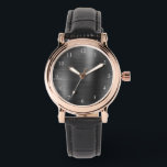 Elegant Rose Gold & Black Leather Strap Women's Watch<br><div class="desc">Elegant black leather strap women's watch with rose gold accents,  a brushed metal style dial,  and white numbers.</div>