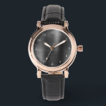 Elegant Rose Gold & Black Leather Strap Women's Watch<br><div class="desc">Elegant black leather strap women's watch with rose gold accents,  a brushed metal style dial,  and white numbers.</div>
