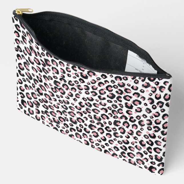 Elegant Rose Gold Black Leopard Pattern Accessory Pouch (Open)