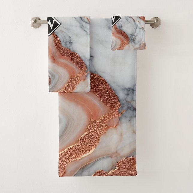 Elegant Rose Gold Black Marble Monogram Bath Towel Set (Insitu)
