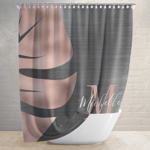 Elegant Rose Gold Black Palm Leaf Monogram Shower Curtain