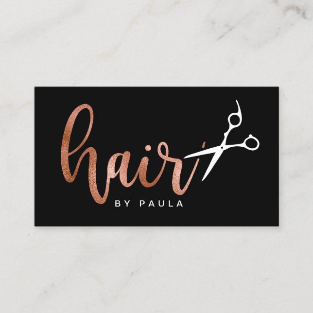 Elegant rose gold & black scissors hairstylist business card (Front)