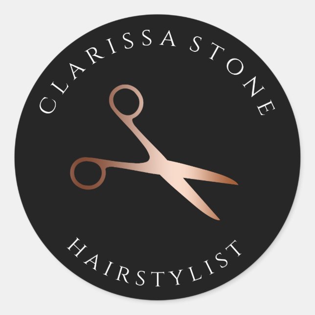 Elegant rose gold & black scissors hairstylist classic round sticker (Front)