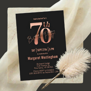 Elegant Rose Gold Black Typography 70th Birthday I Invitation