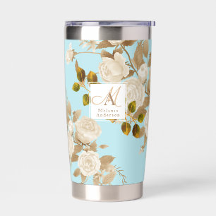 Elegant Rose Gold Blue Monogram Insulated Tumbler