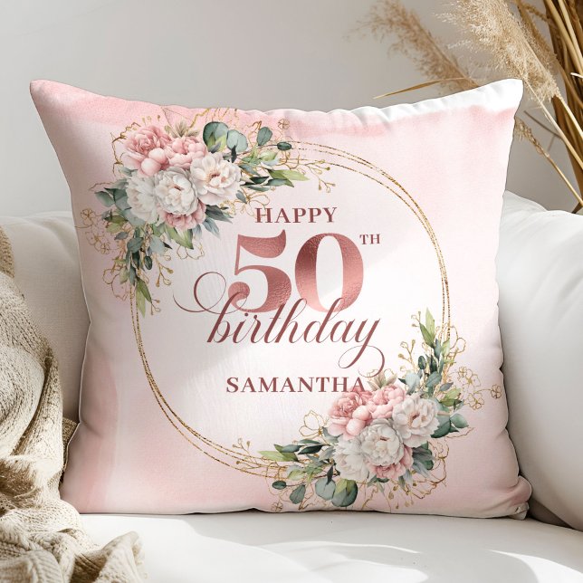 Elegant Rose Gold Blush Floral 50th Birthday Gift Cushion (Elegant Rose Gold Blush Floral 50th Birthday Pillow Gift

)