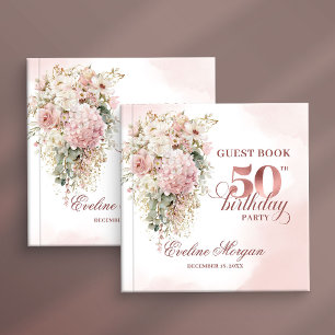 Elegant Rose Gold Blush Floral 50th Birthday Party Guest Book
