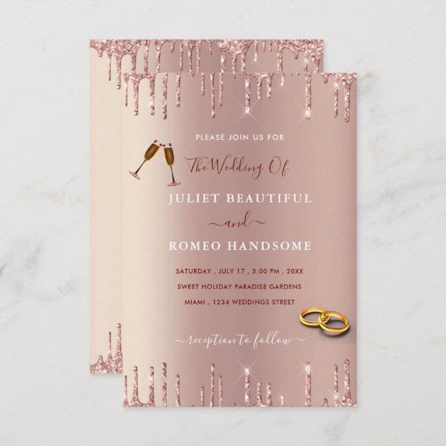 Elegant Rose Gold Blush Glitter Wedding Invitation (Front/Back)