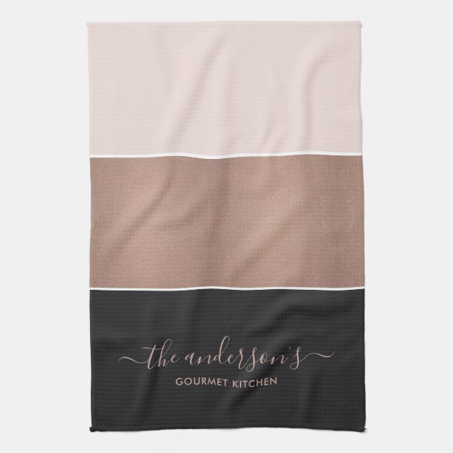 ELEGANT ROSE GOLD BLUSH PINK COPPER BLACK STRIPS TEA TOWEL (Vertical)