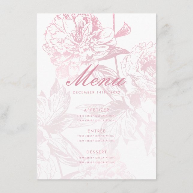 Elegant Rose Gold Blush Pink Floral Wedding Menu (Front)