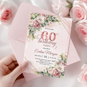 Elegant Rose Gold Boho Floral 60th Birthday Invitw Invitation