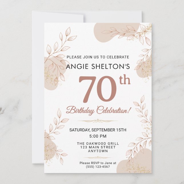 Elegant Rose Gold Botanical 70th Birthday Invitation (Front)