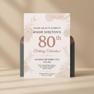 Elegant Rose Gold Botanical 80th Birthday Invitation