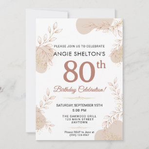Elegant Rose Gold Botanical 80th Birthday Invitation
