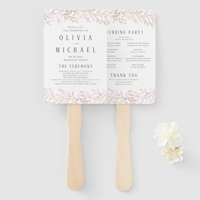 Elegant rose gold botanical wedding program hand fan (Front and Back)