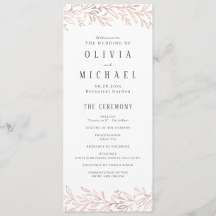 Elegant rose gold botanical wedding program menu