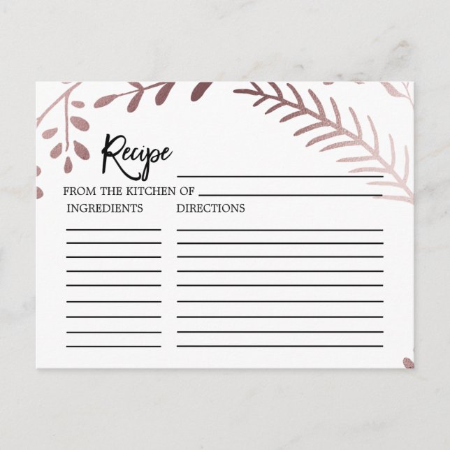 Elegant Rose Gold Bridal Shower Recipe Cards (Front)