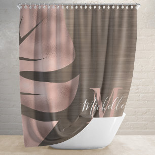 Elegant Rose Gold Brown Palm Leaf Monogram Shower Curtain