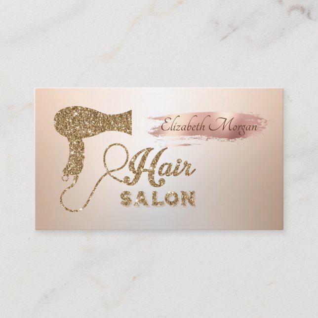 Elegant Rose Gold Brush Stroke Glitter Hairdryer Business Card (Front)