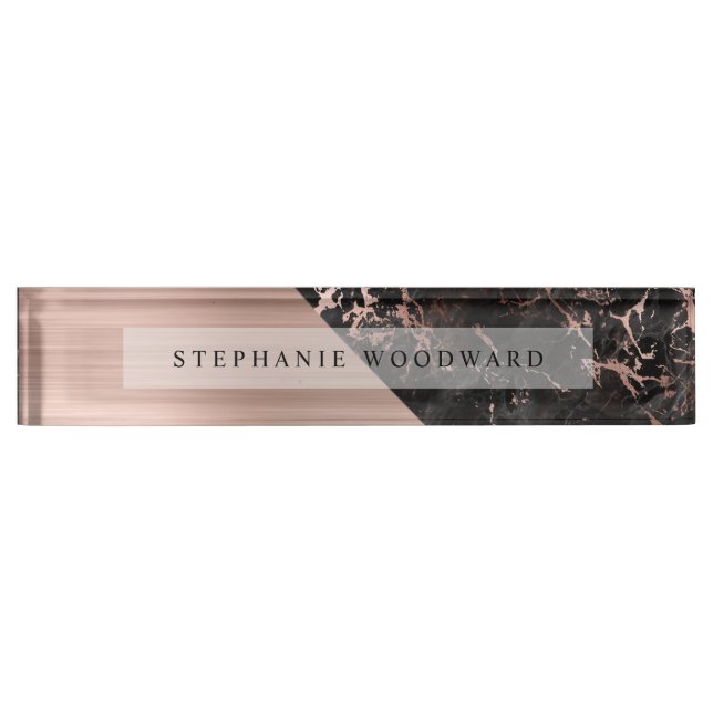 Elegant Rose Gold Brushed Metal Black Marble Nameplate (Front)