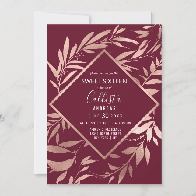 Elegant Rose Gold Burgundy Floral Leaves Sweet 16 Invitation (Front)