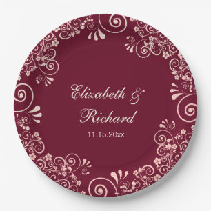 Elegant Rose Gold Burgundy Floral Swirls Wedding Paper Plate
